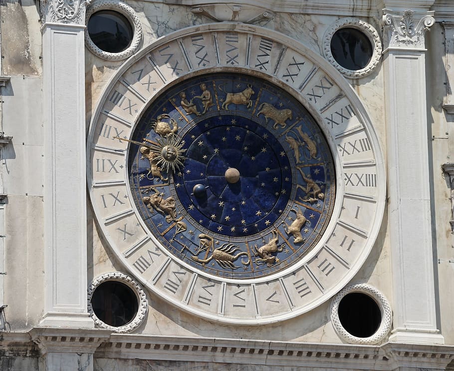 round, white, concrete, zodiac sign emboss decor, sun dial, zodiac, astronomy, astrology, clock, time