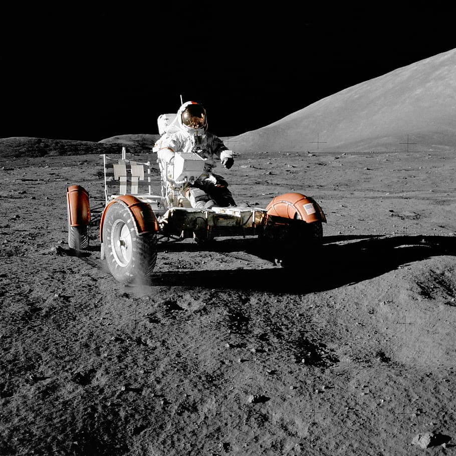 astronaut, riding, drone, moon vehicle, space travel, moon buggy, moon rover, apollo 17, lrv, automotive