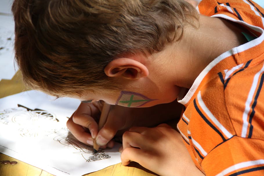 boy, sketching, white, printer paper, child, paint, leave, focused, draw, headshot