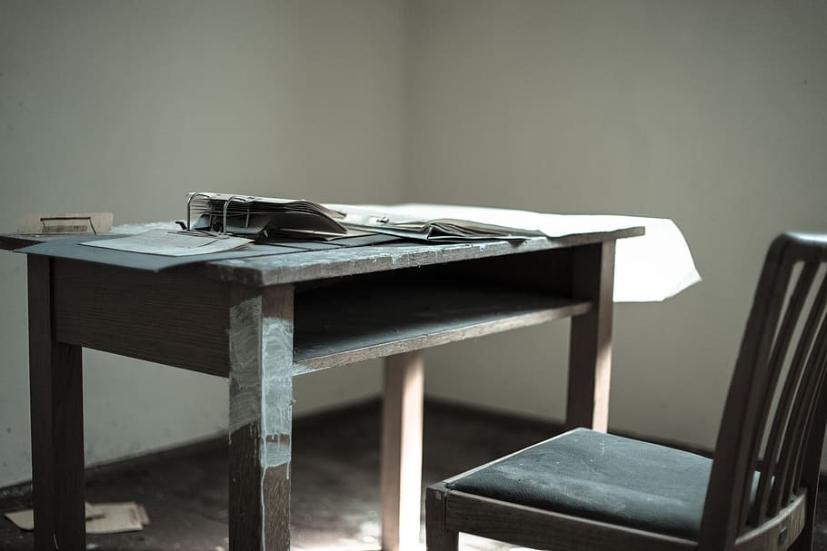 mesa, papel, cadeira, velho, ruína, escritório, abandonado, sujo, lugar perdido, resistido