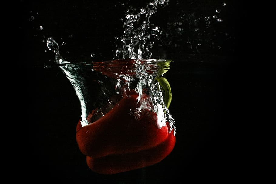 red, paprika, Red Paprika, Water, splashing, drop, liquid, motion, freshness, falling