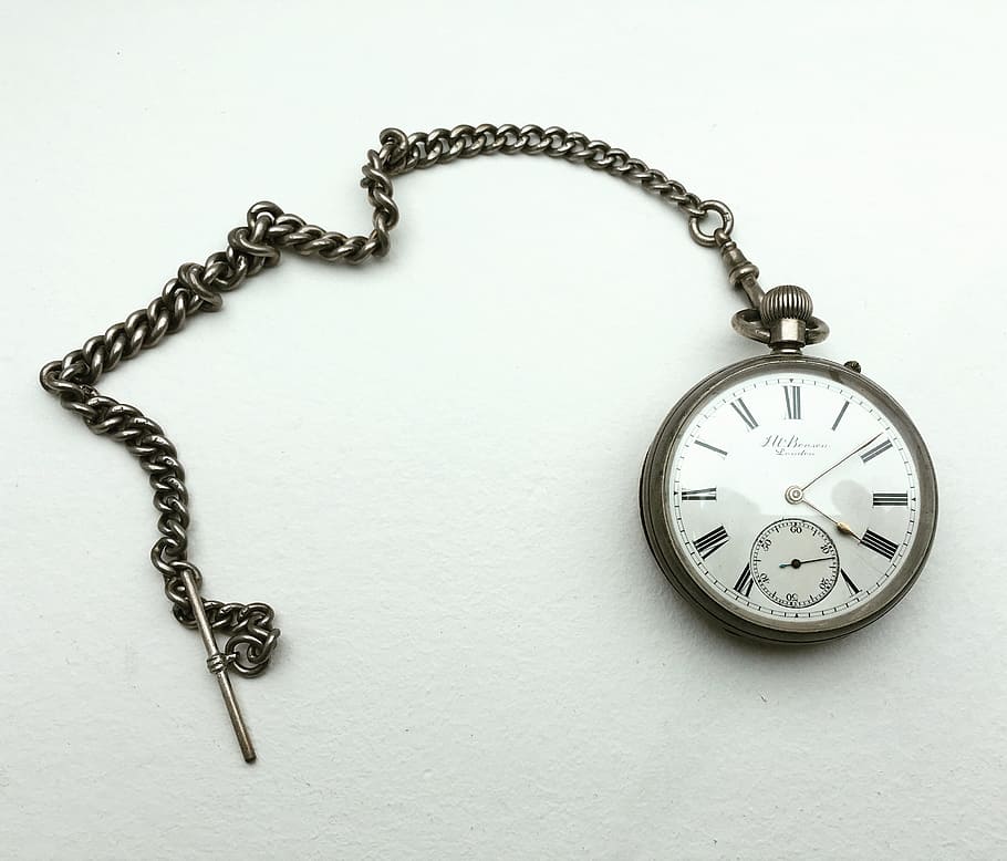 reloj de bolsillo, tiempo, reloj, bolsillo, hora, foto de estudio, cadena, interior, metal, instrumento de tiempo