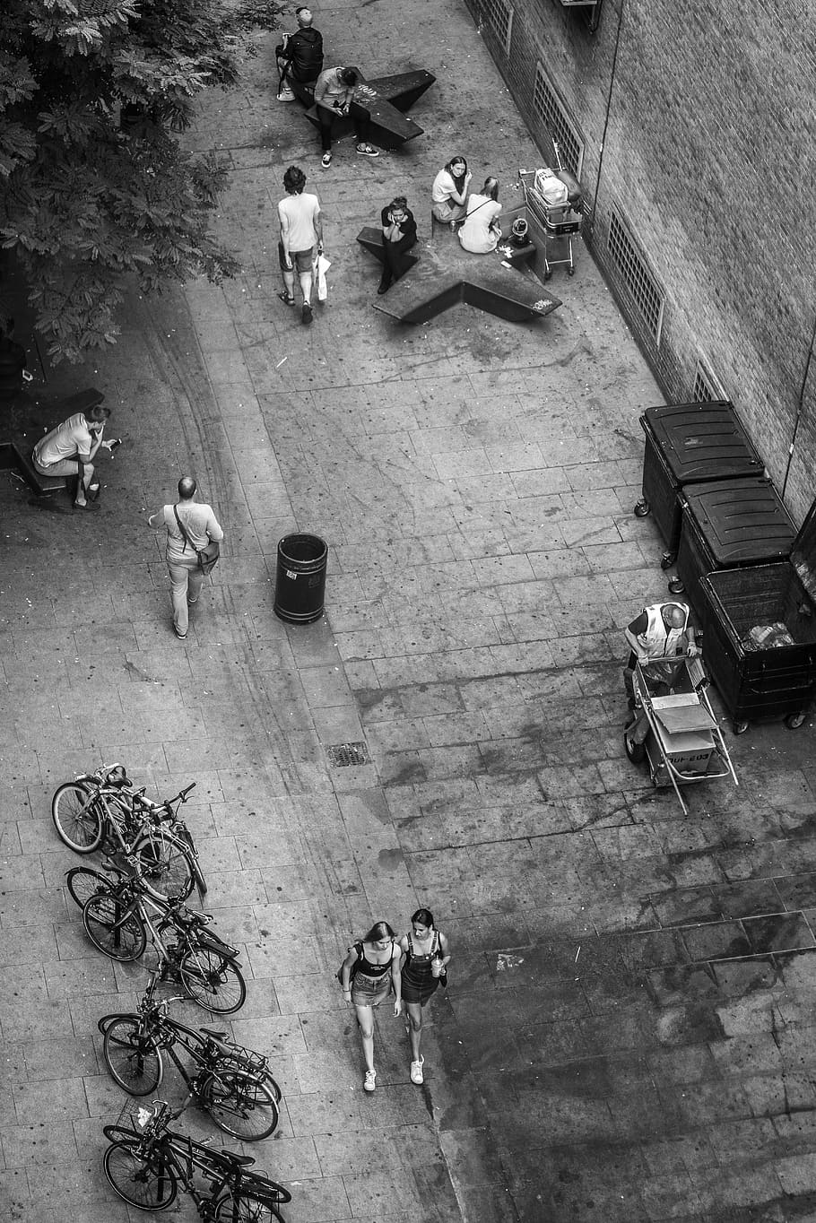bird's eye view, human, pedestrian, bicycles, street cleaning, london, road, side street, personal, live