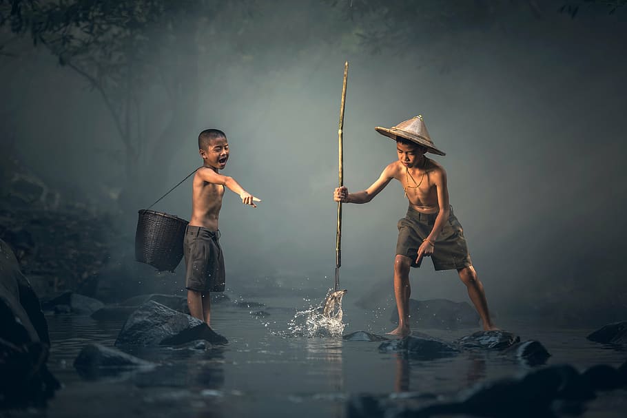 two, boy, playing, water, children, fishing, the activity, asia, background, prey