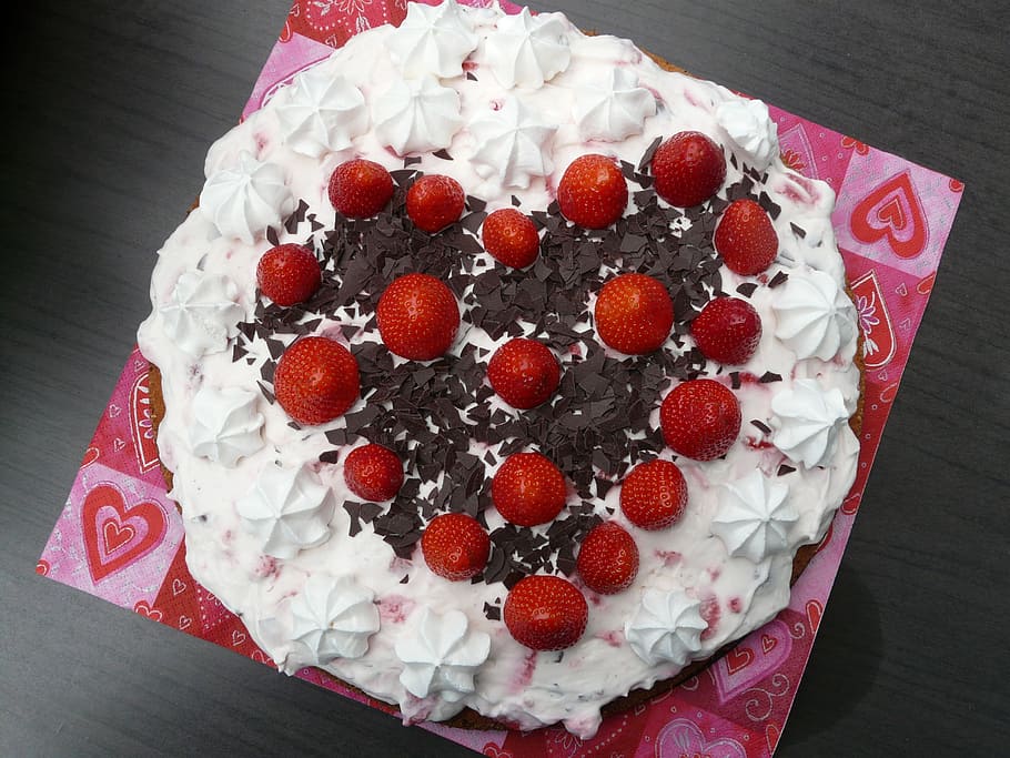 запеченный, клубничный торт, розовый, коврик, торт, сердце, любимый, любовь, клубничный пирог, клубника