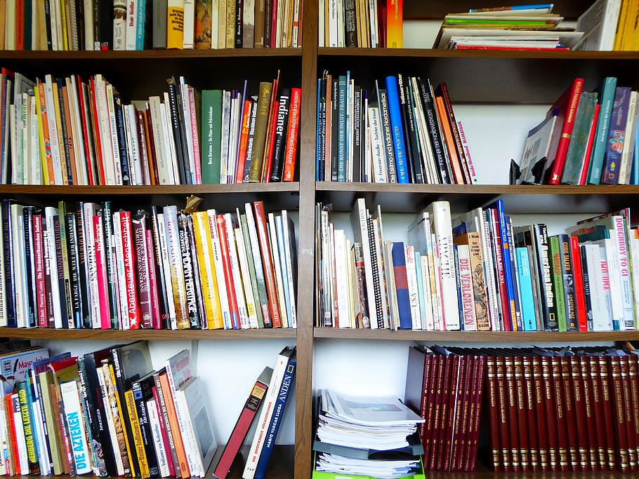coleção de livros, de madeira, prateleira, livros, estante, leitura, coleção, educação, saber, literatura