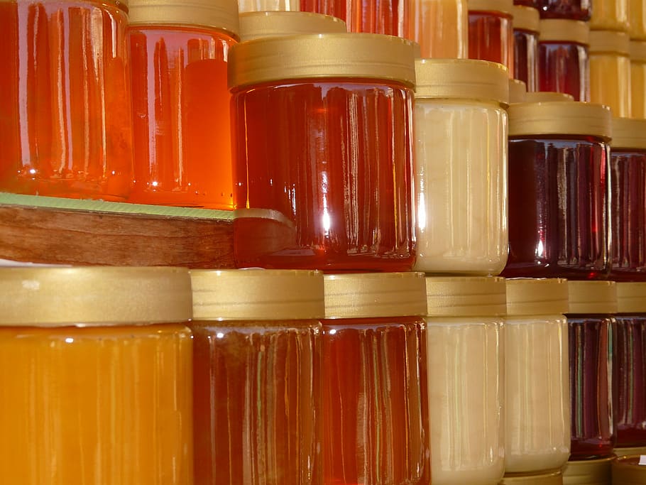 claro, lote de tarros de vidrio, miel, tarro, para la venta, tarro de miel, miel para la venta, apicultor, apicultura, dulce