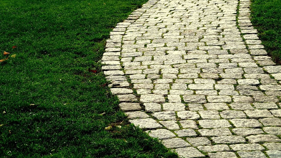 gray, concrete, brick pathway, road, grass, cobblestone, path, destination, walk, ground
