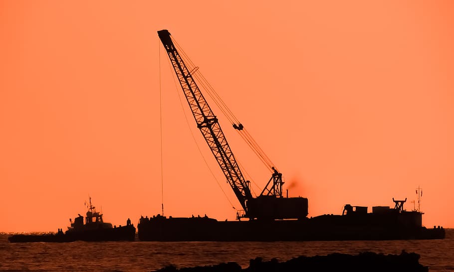 Crane, Floating, Construction, working, harbor, deepening, tug, afternoon, shadows, sunset
