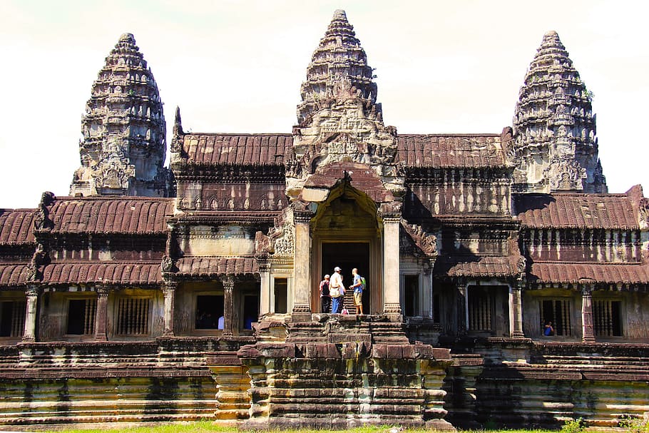 three, people, standing, concrete, structure, day time, angkor wat temple, amazing, seven wonders, wonder