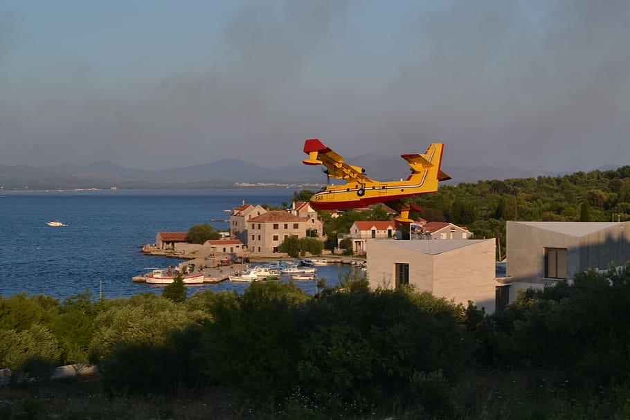 canadair firefighting plane, croatia, dalmatia, fire, architecture, built structure, plant, building exterior, tree, water