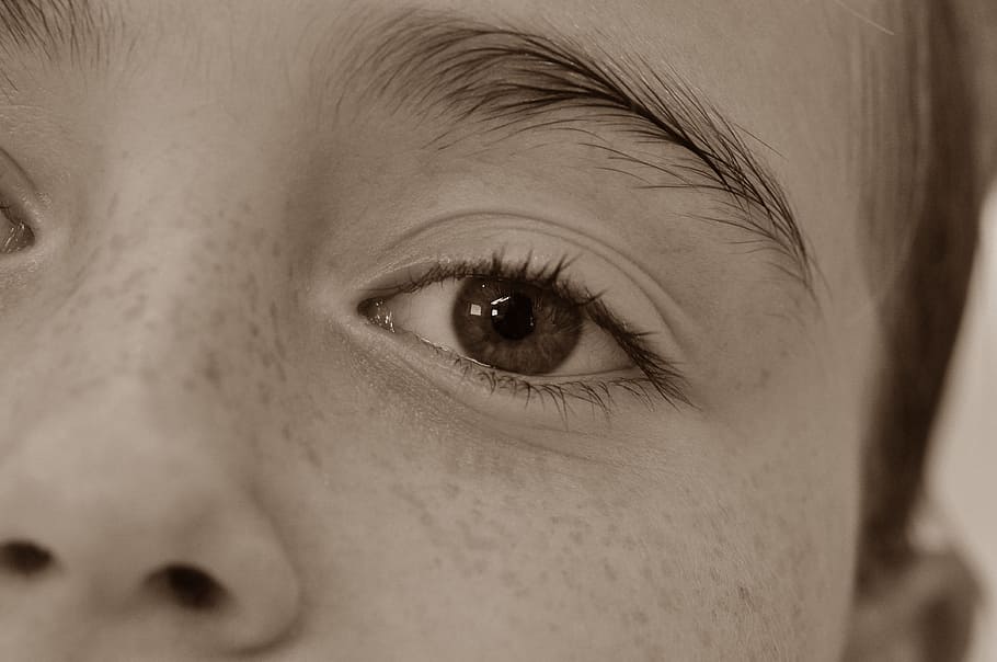 boy, eyes grayscale photography, Face, Eye, Freckles, Girl, human eye, one person, human body part, close-up