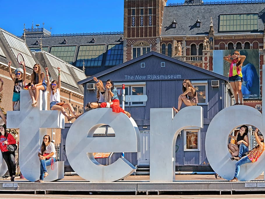 여자들, 서있는, standee, 암스테르담, 네덜란드, 건축물, 시티, 여행, 네덜란드 사람, 유럽 사람