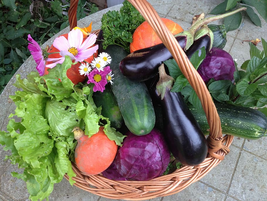 assorted, vegetables, woven, brown, basket, harvest, food, nature, bio, market