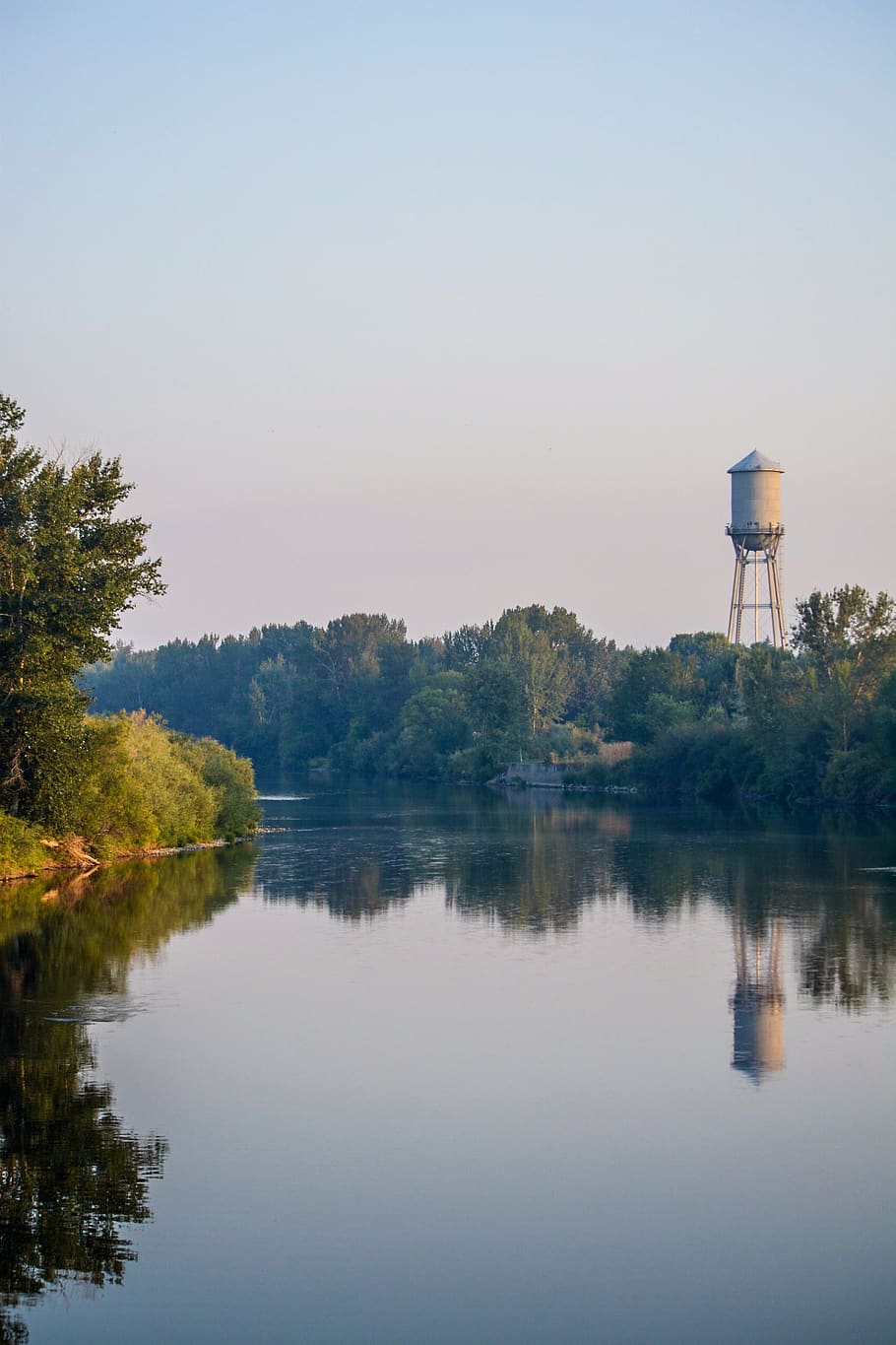 landscape, water tower, reflections, sky, landmark, nature, green, outdoor, river, color