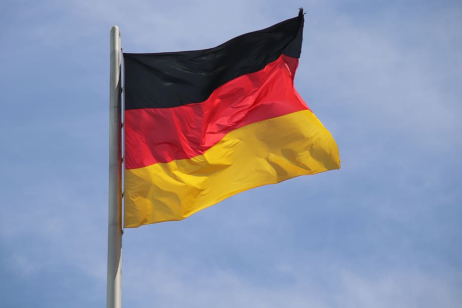 german flag, flag, national flag, black, red, gold, wind, flagpole, sky, germany