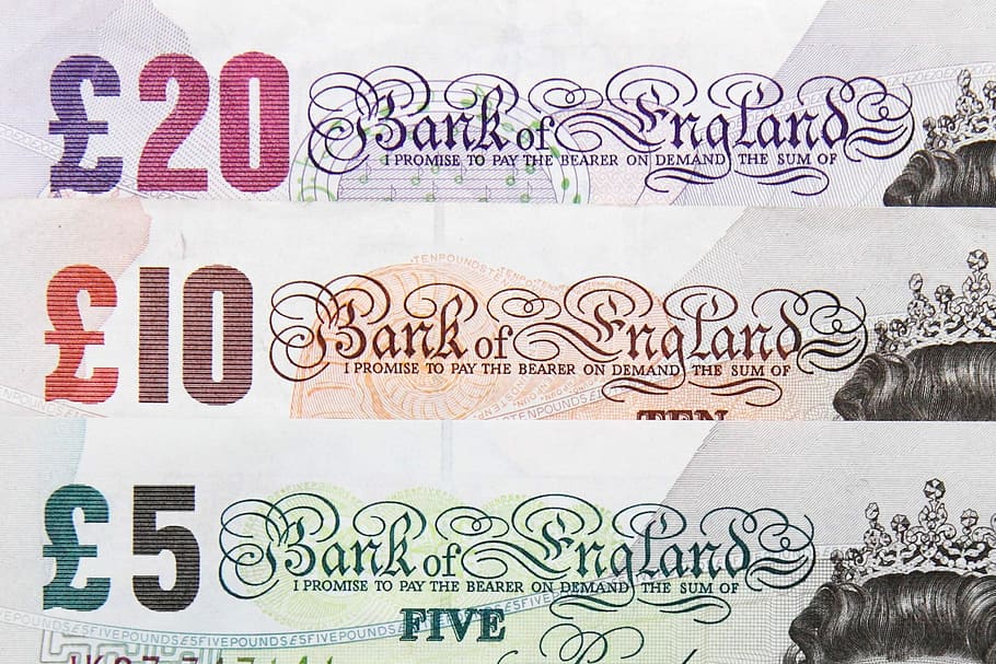 three, 20, 10,, 5 pound banknotes, Bank, Banking, Banknote, Britain, british, business, cash