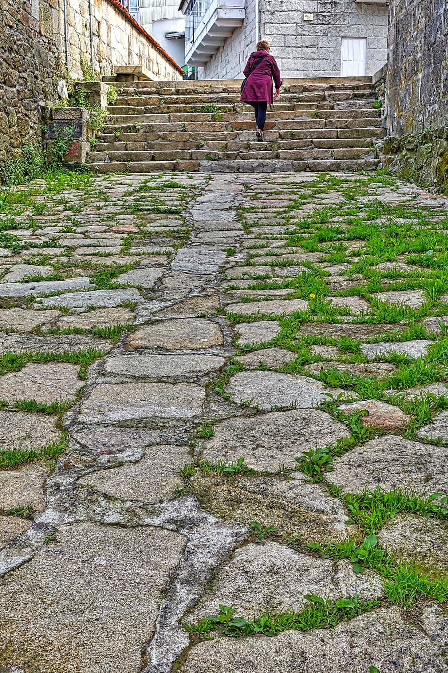 path, grassy, cobblestones, street, pathway, stairs, one person, architecture, real people, women
