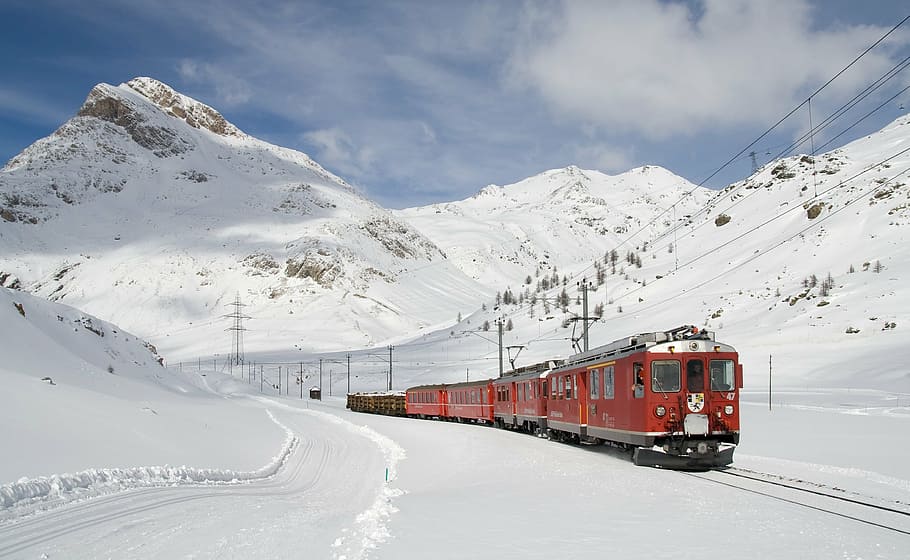 red, train, snow, blue, sky, railway, bernina railway, lagalb, bernina, winter