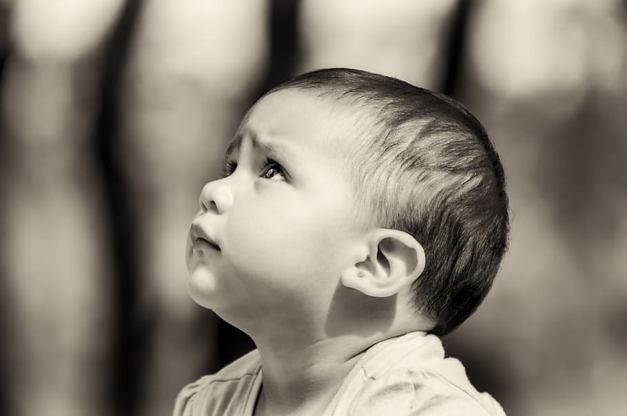 baby, face grayscale photo, kid, boy, blur, black and white, infant, child, childhood, headshot