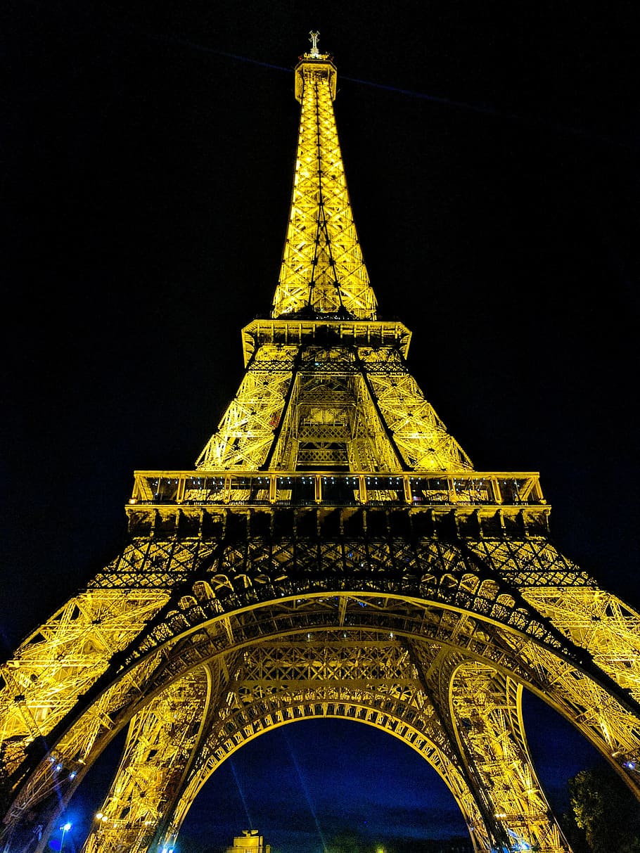 Paris, tur Eiffel, malam, tengara, arsitektur, struktur yang dibangun, pandangan sudut rendah, tujuan perjalanan, langit, menara