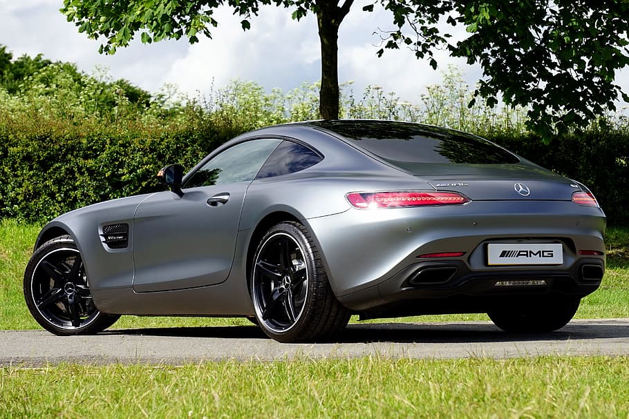 grey, mercedes-benz coupe, parked, tree, daytime, mercedes-benz, car, amg gt, transport, mercedes
