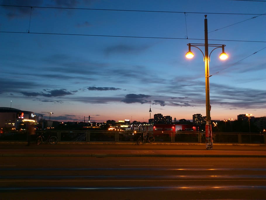 Berlin, Night, Bridge, Warschauer Straße, tv tower, places of interest, alexanderplatz, germany, sky, reflections