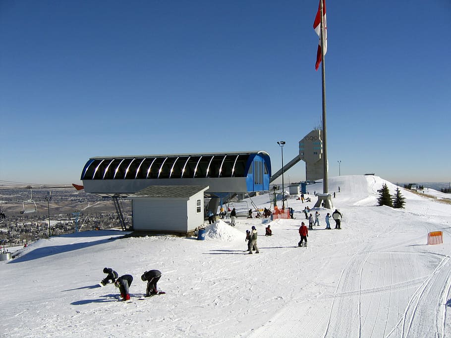Parque Olímpico do Canadá, Alberta, construção, Canadá, bandeira, parque olímpico, domínio público, neve, inverno, esqui
