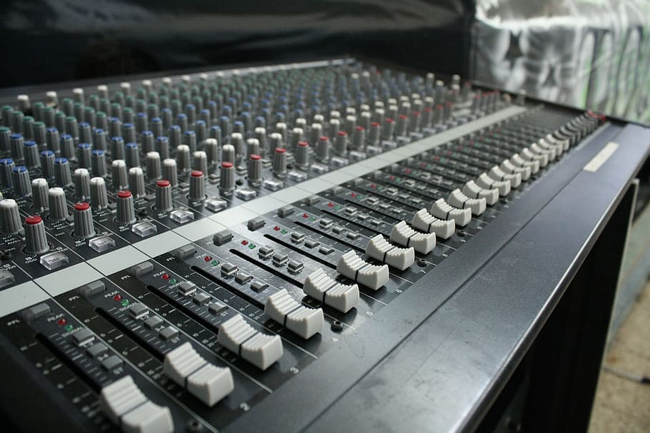 close-up photo, black, audio, mixer, sound, console, music, control, sound recording equipment, audio equipment