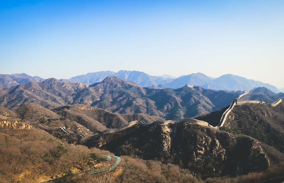 aéreo, foto, terreno de montaña, gran, pared, China, Gran Muralla China, montañas, colinas, pasos