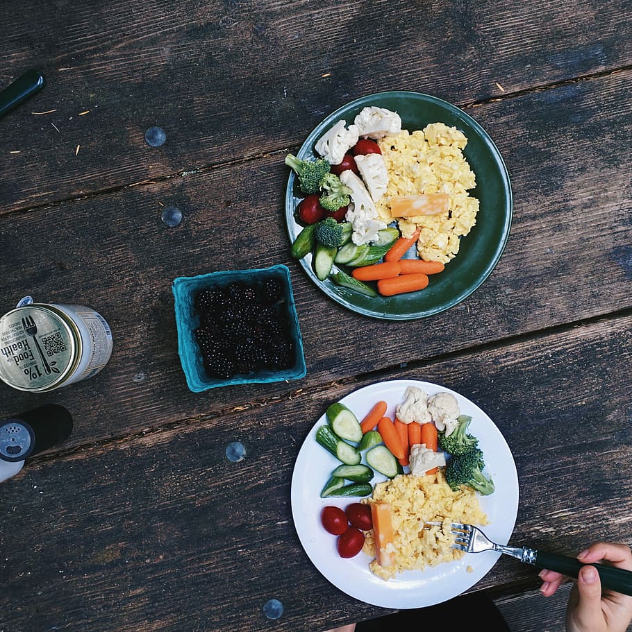 breakfast, eggs, camping, Healthy, berries, broccoli, outside, paleo, top view, wood