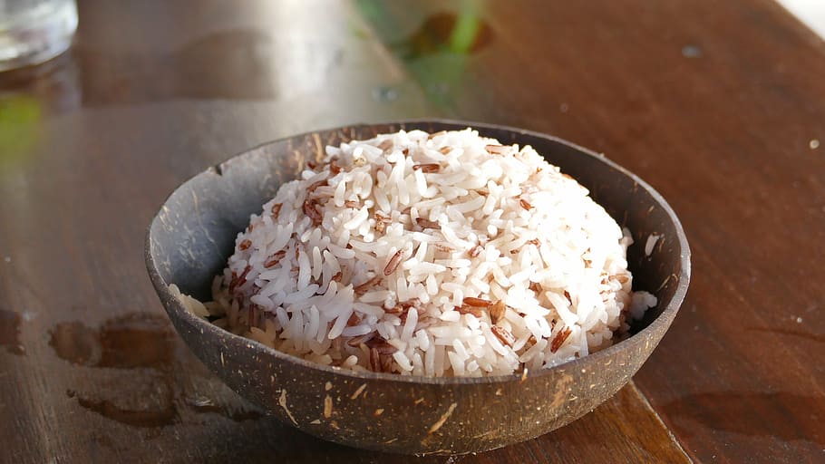 bowl of rice, rice, coconut, eat, shell, nutrition, healthy, vegetarian, holiday, wood