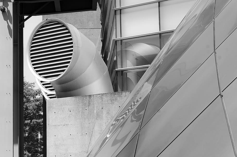 grayscale photo, vent, architectural, industrial, design, urban, construction, architecture, industry, building