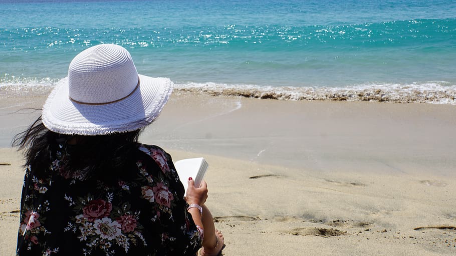 woman, sea, book, read, hat, ocean, fuerteventura, beach, wave, sand