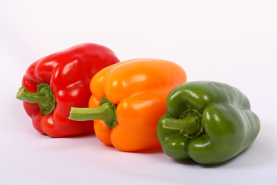 three, red, yellow, green, bell peppers, vegetable, sweet pepper, paprika, pepper, food and drink