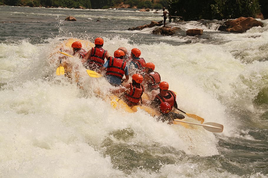 group, people kayaking, body, water, daytime, white water rafting, rafting, nile, river, uganda