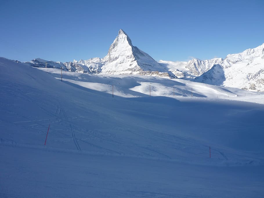 cubierto de nieve, montaña, claro, azul, cielo, Suiza, Zermatt, Matterhorn, nieve, naturaleza