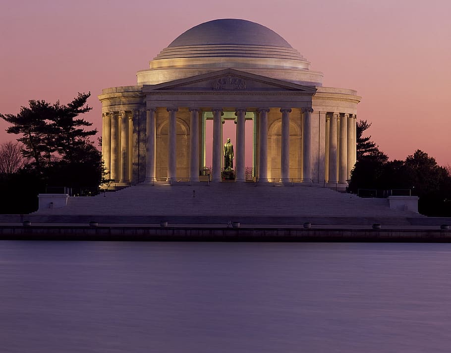 Memorial, Jefferson, Washington, Anochecer, Estados Unidos, historia, presidente, atracción, iluminado, arquitectura