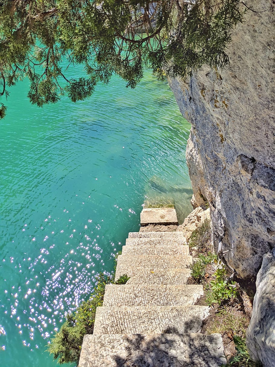 staircase, river, verdon, paradise, nature, reflection, water, summer, alps, france
