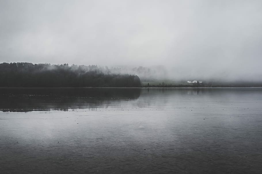 landscape grayscale photography, landscape, grayscale, photography, fog, gray, lakes, water, nature, lake