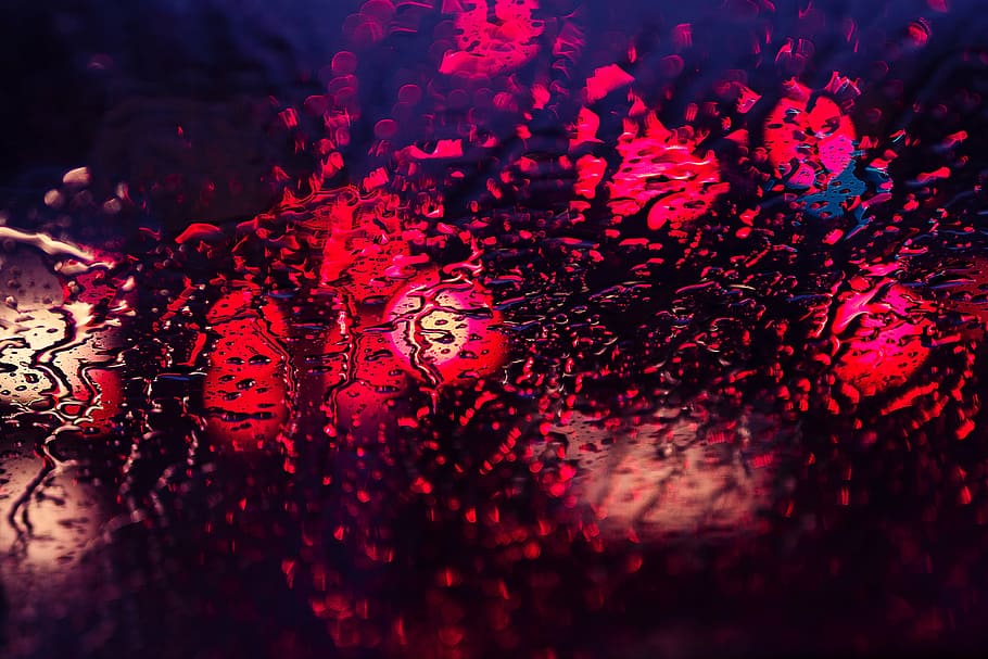 water on glass, rain, water, light, reflection, night, abstract, backgrounds, red, close-up