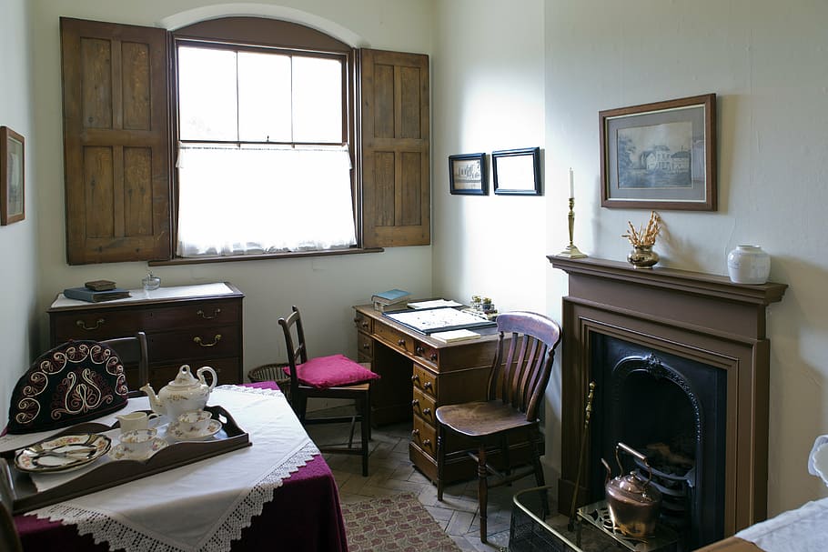 marrón, de madera, muebles, dentro, casa, oficina del cocinero, victoriana, audley end, casa señorial, escritorio