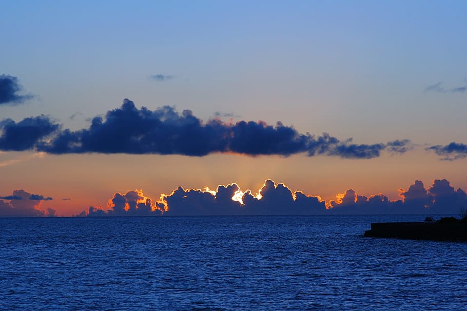 Matahari Terbenam, Oranye, Awan, Laut, Biru Laut, antomasako, biru, pulau ishigaki, okinawa, Jepang