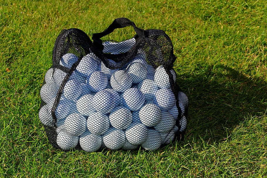 white, balls, black, mesh bag, daytime, golf balls, practice balls, net, bag, golf