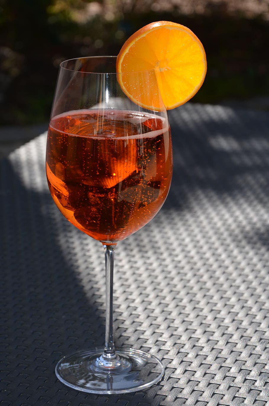 clear, wine glass, placed, gray, table, aperol spritz, fruity, herb, drink, benefit from