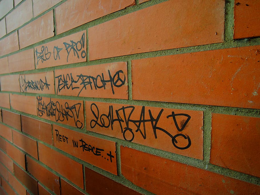 Brick, Wall, Orange, Sign, Peace, brick, wall, communication, black, rebel, art