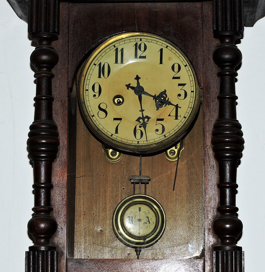 Assistir, pêndulo, madeira, vintage, antigo, velho, calendário, lancetas, artesanato, relógio