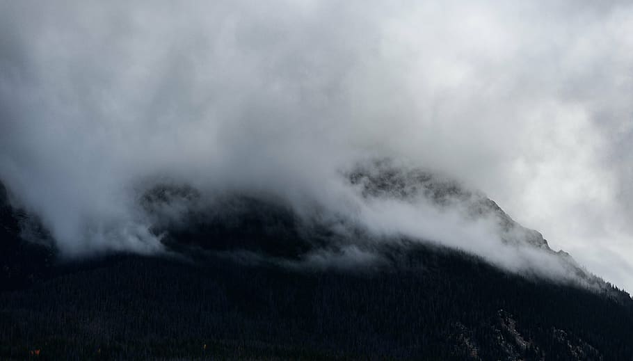 山, 覆われた, 雲, 霧, 暗い, 空, 寒さ, 自然, 谷, 風景