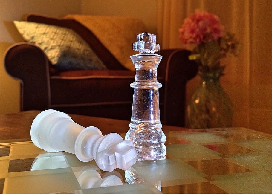 two, clear, glass rook chess pieces, chess, game, strategy, play, competition, king, chessboard