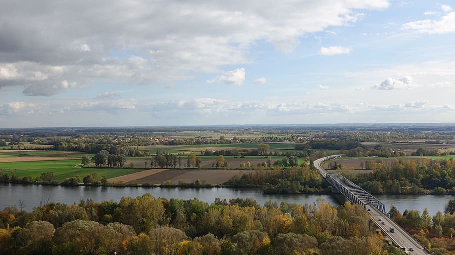 Danubio, paisaje del río, puente de carretera, otoño, donaustauf, nube - cielo, cielo, agua, arquitectura, río